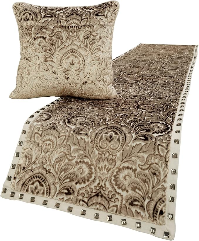 The HomeCentric King/Queen/Twin Beige Decorative King 90"x18" Bed Runner Without Pillow Cover, Velvet Damask & Crystal Border Bed Scarf on Velvet Fabric - Henriretta