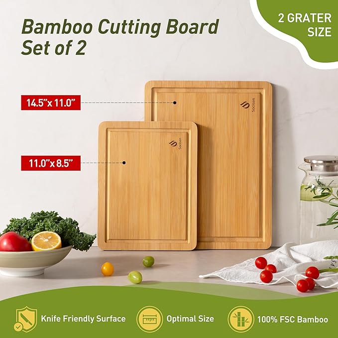 2 Piece Bamboo Cutting Board Set, Heavy Duty Wooden Boards with Juice Grooves & Easy Grip Handles, Ideal Chopping Boards for Meat, Cheese, Vegetables & Fruits Kitchen Gift