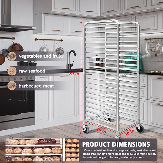 Bun Pan Rack, 20 Tier Bakery Rack with Wheels, Aluminum Sheet Pan Rack & Speed Rack for Full/Half Sheets, 26x20x70, for Home and Kitchen, Restaurant