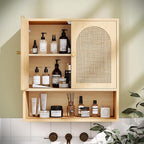 VINGLI Rattan Bathroom Wall Cabinet, Boho Medicine Cabinet with 2 Handwoven Rattan Doors & Adjustable Shelf, Wood Hanging Storage Cabinet with Open Shelf for Kitchen, Laundry, Entryway, Oak Finish