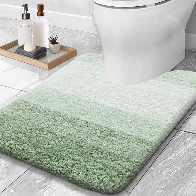OLANLY Luxury Toilet Rugs U-Shaped 24x20, Extra Soft and Absorbent Microfiber Bathroom Rugs, Non-Slip Plush Shaggy Bath Mat, Machine Wash Dry, Contour Bathroom Mats for Toilet Base, Sage Green