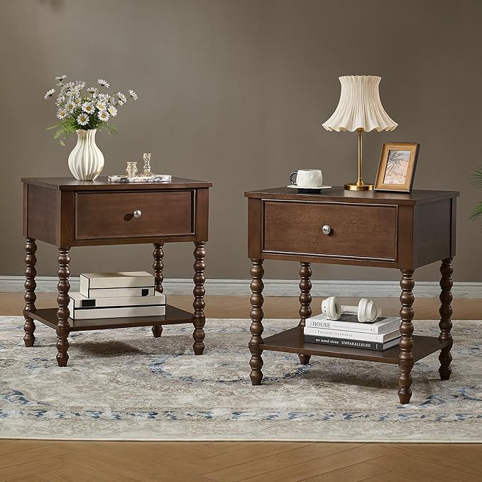 AMERLIFE 24" Walnut Nightstand Set of 2, Vintage Bedside Table