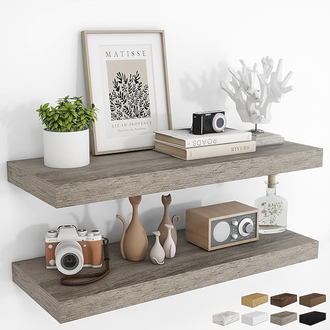RICHFOCUS 36Inch Floating Shelves for Wall 2 Pack Shelves for Bedroom|Kitchen|Bathroom Wall Mounted Rustic Wood Floating Shelf with Invisible Brackets for Books|Storage|Decor, Grey