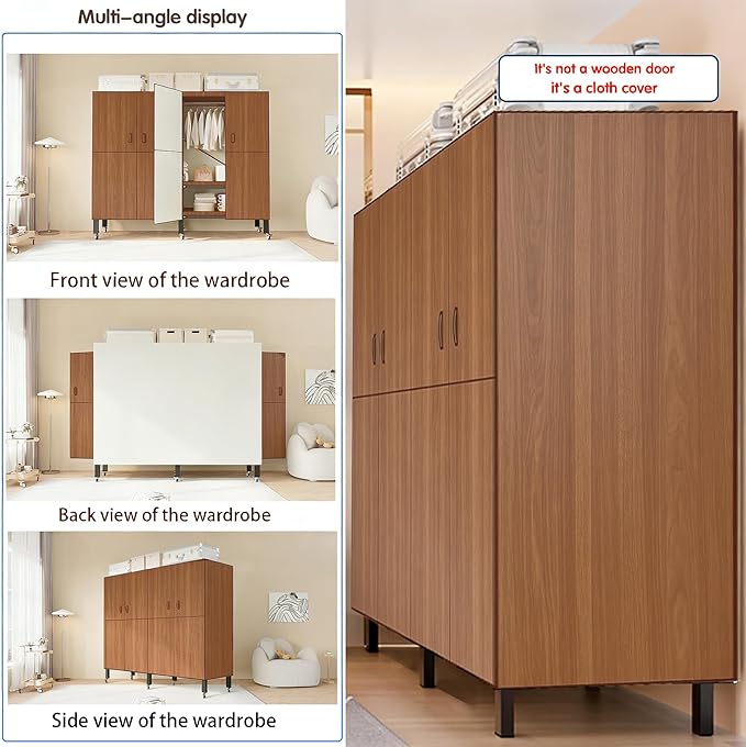 Heavy Duty Covered Clothes Rack with Magnetic Door Foldable Portable Wardrobe Closet for Hanging Clothing Rolling Black Metal Garment Rack on Wheels Closet System (Dragon Sandalwood, 65.9in)