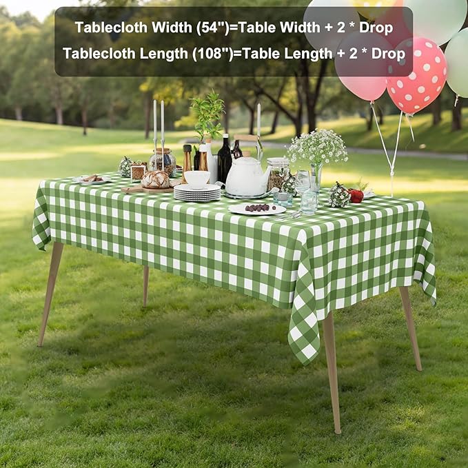 Smiry 6 Pack Sage Green Gingham Disposable Tablecloths - 54" x 108" Heavy Duty Plastic Table Cloth, Waterproof Buffalo Plaid Table Covers for Picnic, Banquets, Outdoor Parties