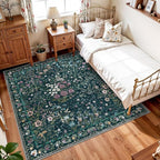 5x5 Living Room Area Rug Washable: Floral Non-Slip Mats for Indoor Floor Entryway Dining Room Bedroom - Soft Thin Carpet for Vintage Neutral Home Decor (5ft Square, Green)