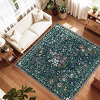 5x5 Living Room Area Rug Washable: Floral Non-Slip Mats for Indoor Floor Entryway Dining Room Bedroom - Soft Thin Carpet for Vintage Neutral Home Decor (5ft Square, Green)