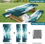 Picnic Table Cover with Bench Covers, Mountains Green Lake Tree Camping Essentials Tablecloth Fitted Rectangle Tables and Seats, Misty Landscape with Elastic Windproof Edges Picnic Table Cloth Cover