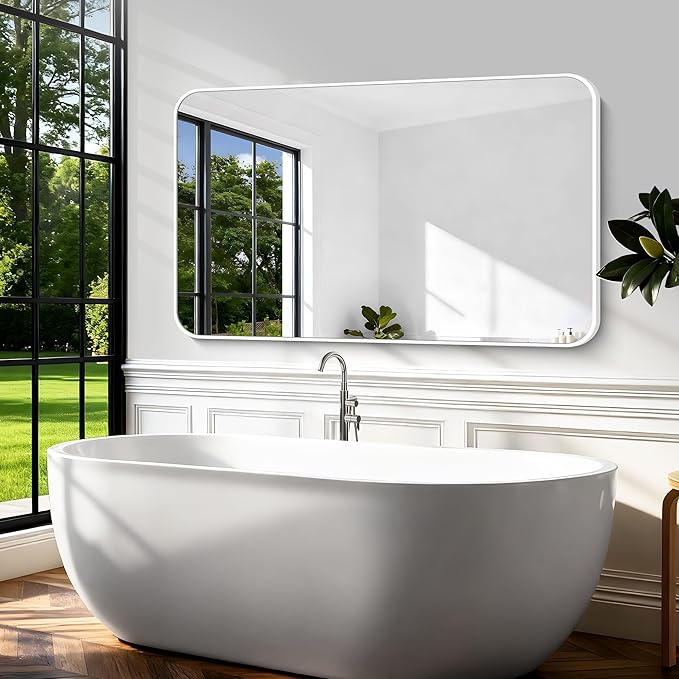 BONEWEI White Bathroom Mirror,60x36 inch Wall Mirror for Bathroom Wall Mounted,Rectangle Mirror for Bathroom Over Sink,Modern Frame Round Corner for Living Room,Bedroom Entryway,Horizontal/Vertical