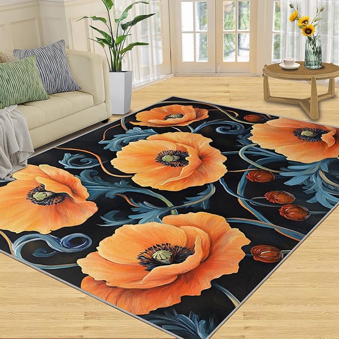 5x7 Poppy Rugs for Bedroom - Retro Florals Art Print Rug, Rustic Flowers Art Rug Non Slip Soft Rugs for Living Room Hardwood Floors Teen Room