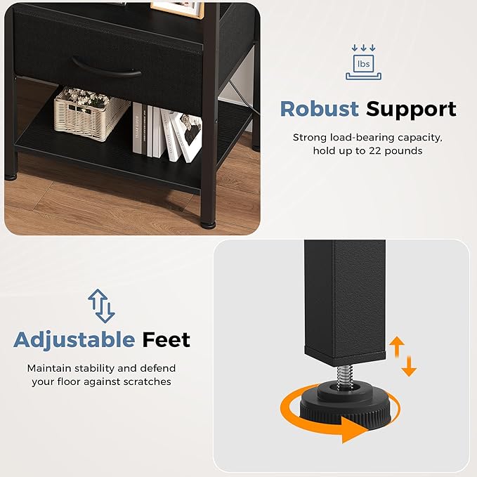 DUMOS 3-Tier Storage, Bed Side Tables with Wireless Charging Station, End Tables with Adjustable Fabric Drawers, Nightstand Set of 2, Modern Design, Black