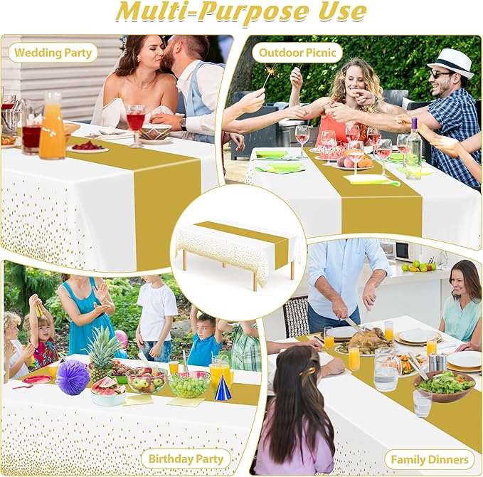 QZYL 12Pack Table Cloth Rectangle Tables, 54" x 108" Disposable Party White Table Cloths with Gold Dot, Waterproof Table Covers for Birthday Outdoor Wedding New Year Eve Birthday Decorations Supplies