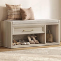 SICOTAS Shoe Bench with Storage, Farmhouse 43.3" Extra Wide Entryway Bench with Cushion, Drawer & Tall Boot Shelf, 18.9" Comfort Height Seat, Large Shoe Organizer for Hallway Bedroom, Grey White Oak