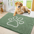 Smiry Dog Door Mat for Muddy Paws, Absorbent Dirt Trapper Non Slip Quick Dry Washable Chenille Mat for Mud Dogs, Entry Rug for Indoor and Outdoor (36x24 Inches, Olive Green and White)