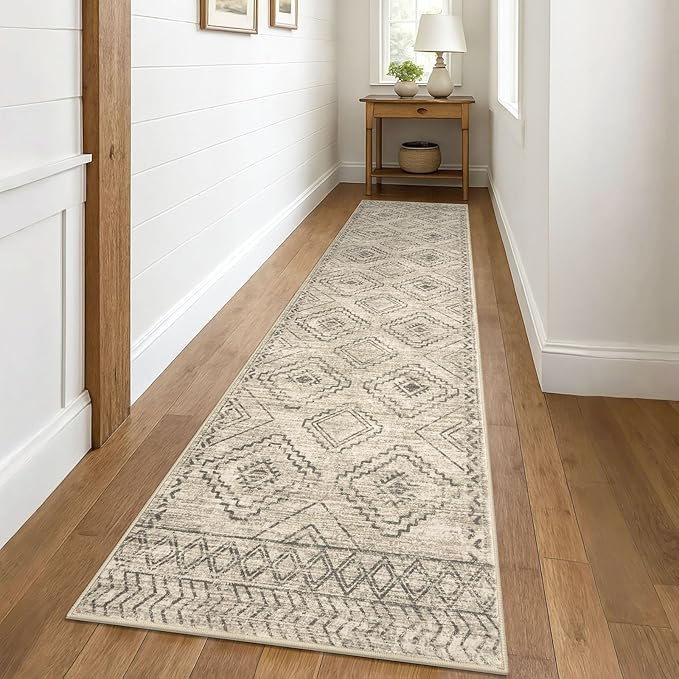 KILOCOCO Hallway Runner Rug 3'x10' Runners for Hallways Washable Runner Rug Non Slip Rubber Backed Low-Pile Runners for Bedroom Kitchen Living Room Laundry Room Boho Rugs, Beige/Gray/Green