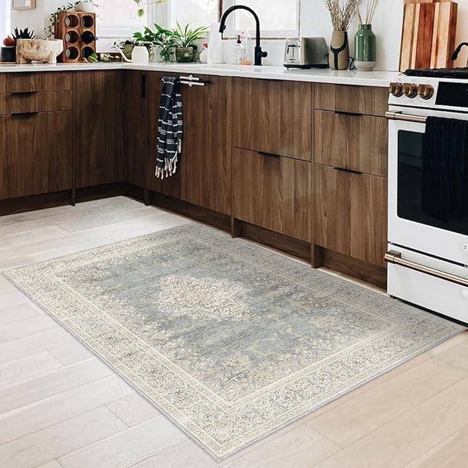 2x3 Entryway Rug Non-Slip Washable Thin Indoor Vintage Rug Low-Pile Floor Carpet for Entrance Bedroom Kitchen Bathroom Beige Grey