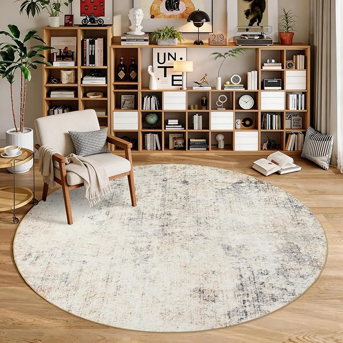 Large Round Rug 6ft: Neutral Round Area Rugs for Living Room Dining Room Bedroom - Soft Non-Slip Circle Carpet 6' - Modern Abstract Beige