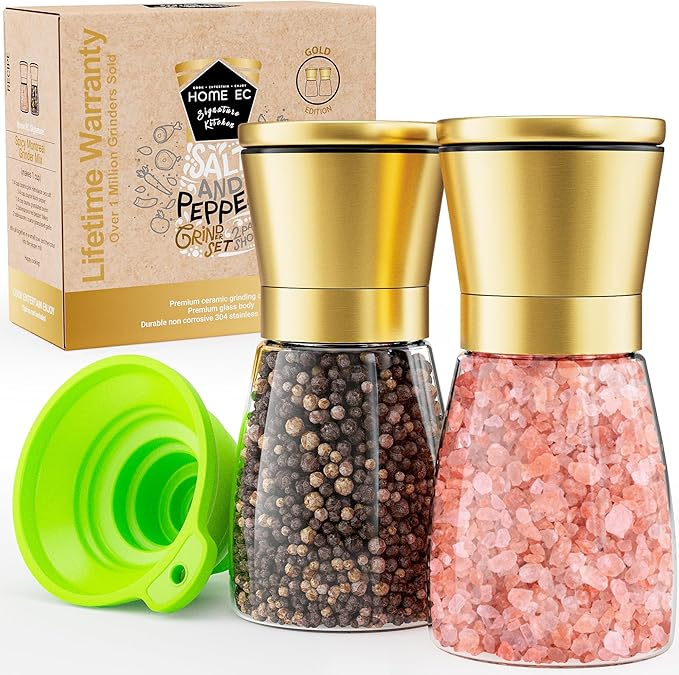 Home EC Original Gold Salt and Pepper Grinder Set of 2 - Adjustable Ceramic Grinder - Glass Salt and Pepper Shakers With Funnel and Ebook - Kitchen Spice Mill - Gold Kitchen Accessories