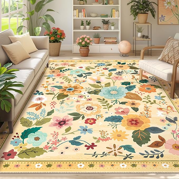 Floral 8x10 Area Rug Machine Washable Soft Print Boho Carpet Non Slip Doormat Low Pile Flower Area Rugs for Living Room Bedroom Nursery Kitchen Dining Room Indoor-Ivory/Yellow