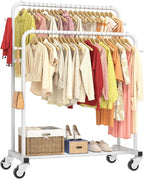 Laiensia Double Rods Garment Rack with Wheels, Clothing Rack for Hanging Clothes,4 Hooks, Multi-functional Bedroom Clothes Rack, White