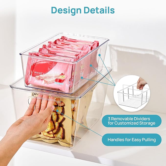 Vtopmart 4+4 Pack Clear Plastic Storage Bins Set - 4 Large Pantry Organizer Bins with Lid and Handle + 4 Medium 4-Compartment Food Storage Bins for Pantry, Kitchen, Fridge, Cabinet Organization