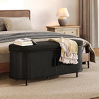 Oval Shoe Storage Bench with Padded Seat Cushion, 2-Tier Fluted Shoe Cabinet with Adjustable Shelves, Mid-Century Bench Compact for Entryway, Hallway, Closet, Front Accent, Foyer, Bedroom, Black