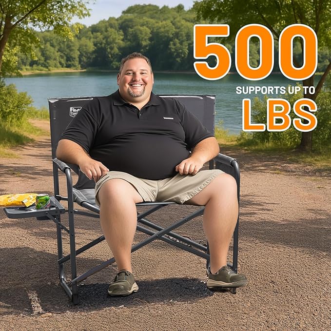 TIMBER RIDGE XXL Foldable Directors Chair with Side Table, Extra Wide Camping Chairs for Adults Heavy Duty Supports 500 lbs, Oversized Folding Lawn Chair for Picnic Beach Sports Fishing, Grey-2 Pack