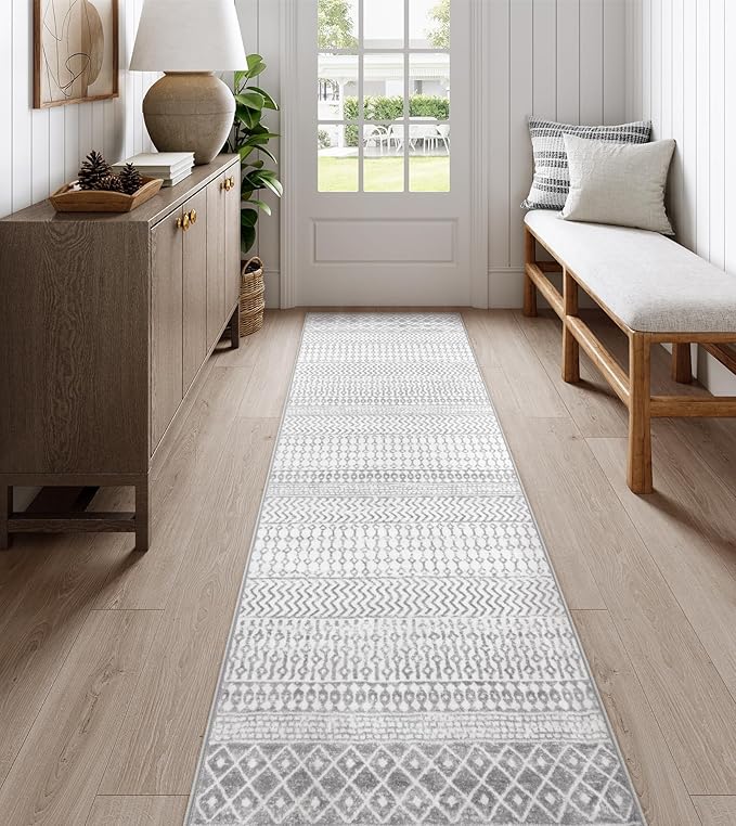 Washable Kitchen Rug Runner, 2'6''x8' Non Slip Washable Grey Long Runner Rugs, Low-Pile Non-Shedding Hallway Rug Carpet Runners for Entryway Kitchen Bedroom Bathroom