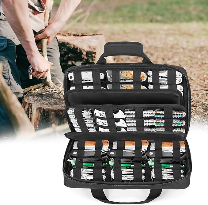 samdew Knife Display Bag for 74+ Pocket Knives, Butterfly Knife Storage Case with 3 Different Size Slots, Folding Knife Organizer Holder, Knife Collection Box with Hard PE Board, Soft Bag Only