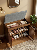 WISUCART Shoe Storage Bench with Cushion Seat, Bamboo Entryway Shoe Rack Bench, 2-Tier Shoe Organizer for Entryway, Bedroom, Hallway, Living Room, Holds Up to 330 lbs, Brown