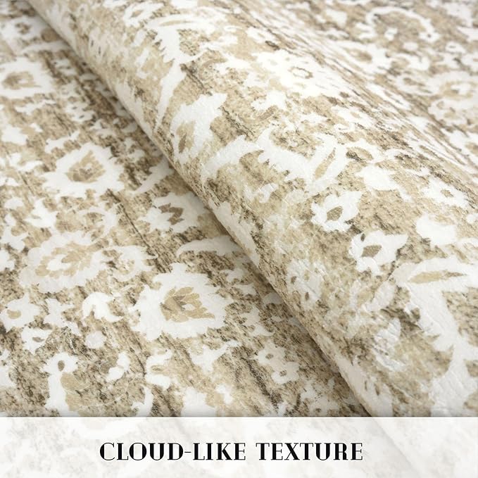 Vintage Floral 2.6x8 Runner Rug, Beige Tan White Washable Kitchen Runner Rug Non-Slip Hallway Rug Runner Thin Printed Faux Wool Super Soft Carpet for Entryway Bedroom Laundry Room Indoor