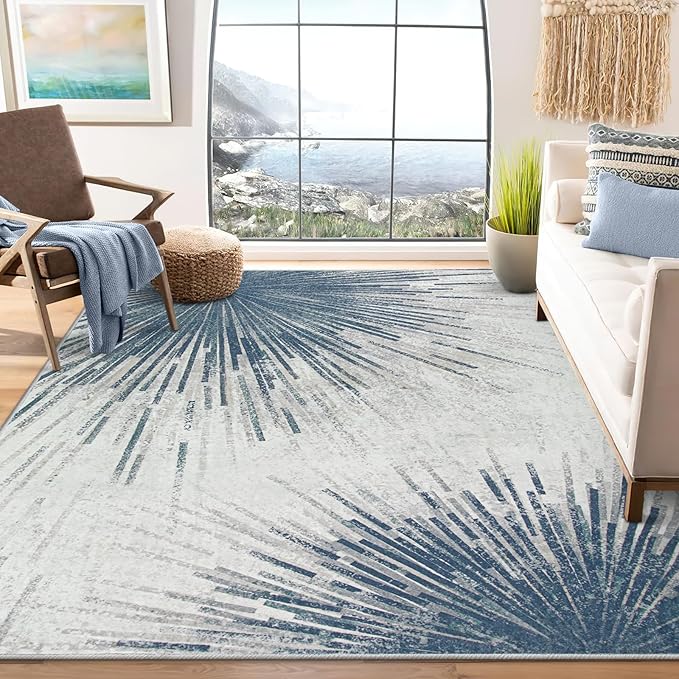 Lahome Modern Machine Washable 6 x 9 Area Rug, Non-Slip Ultra-Thin Big Rugs for Living Room Throw Soft Large Carpet for Bedroom, Abstract Print Indoor Carpet for Dining Room Office (Blue/Gray, 6'x9')