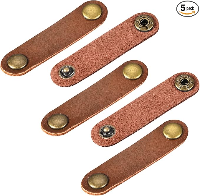 MECCANIXITY Pack of 5 Leather Cable Straps Cord Organizer 63x16mm Portable Cable Leather Clips Light Brown Earphone Cord Management for Cable, Wire