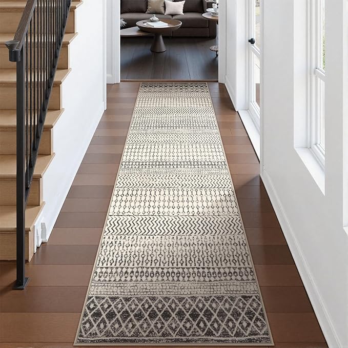 Washable Runner Rugs for Hallway 2'6"x10',Soft Non Slip Moroccan Black Area Rug,Low Pile Long Kitchen Runner Rug Carpet Runners for Entrance Bedroom Living Room