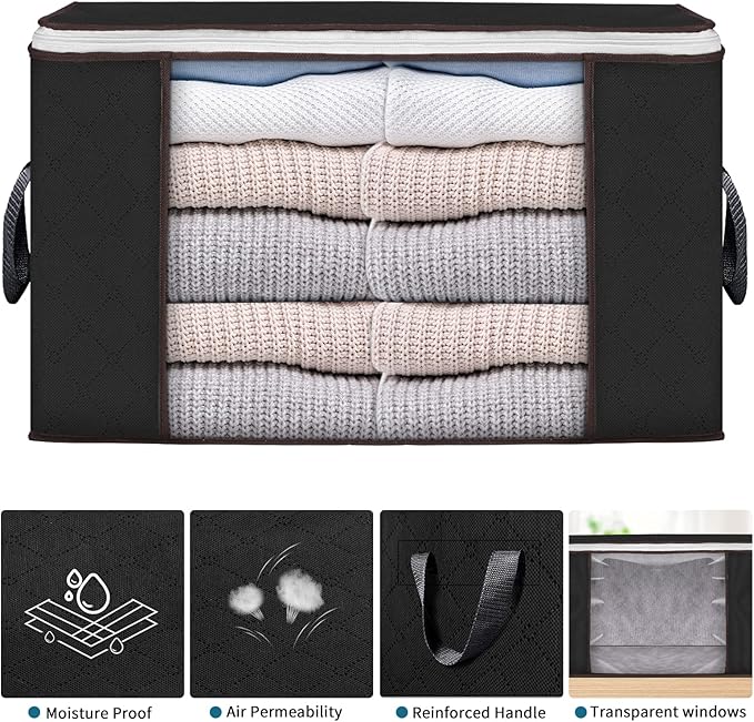 Large Storage Bags, 6 Pack Clothes Storage Bins Foldable Closet Organizers Storage Containers with Durable Handles Thick Fabric for Blanket Comforter Clothing Bedding 90 L (Black)
