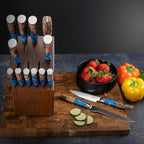 SENKEN 15-Piece Damascus Knife Block Set - "Tsunami" Collection Japanese Chef Knife Set - 67-Layer Japanese VG10 Steel Blades, Includes Chef Knife, Cleaver, 6 Steak Knives (Blue)