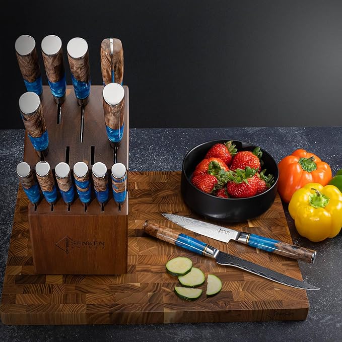 SENKEN 15-Piece Damascus Knife Block Set - "Tsunami" Collection Japanese Chef Knife Set - 67-Layer Japanese VG10 Steel Blades, Includes Chef Knife, Cleaver, 6 Steak Knives (Blue)
