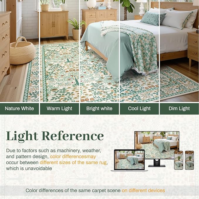 8x10 Area Rugs Living Room Rug - Floral Vintage Forest Washable Carpet, Low Pile Non-Slip Stain Resistance Boho Soft Large Carpet for Bedroom, Dining Room, Office, Farmhouse (8'x10' Beige Green)