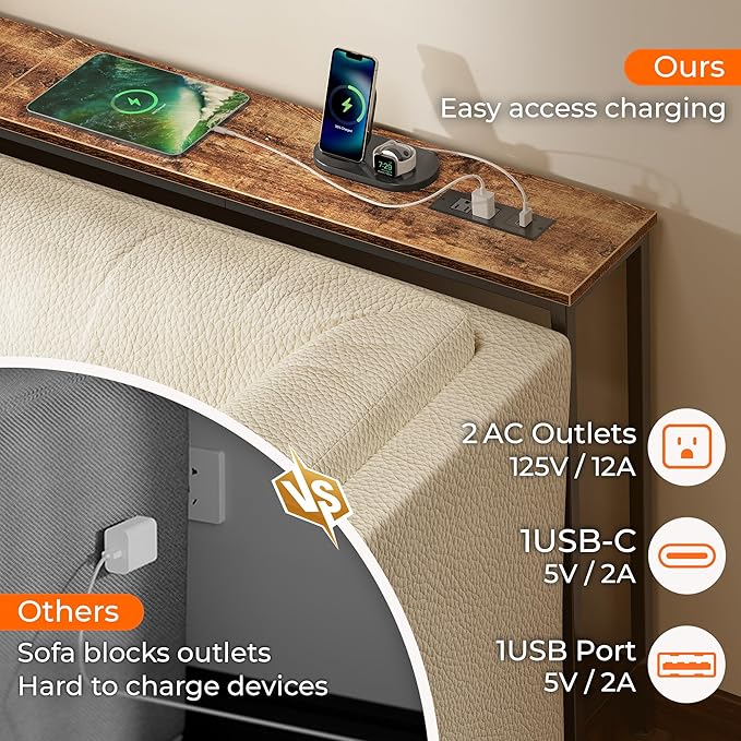 SUPERJARE 102.4 Inch Sofa Table with Power Outlets and USB-C Port, 5.9 Inch Narrow Console Tables, Entryway Hallway Couch Tables with Storage, Behind Sofa, Small Spaces, Living Room, Rusitc Brown
