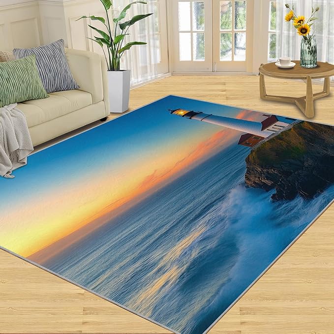 Coastal Rugs for Bedroom - 6x8 Area Rug - Ocean Lighthouse Rugs for Living Room, Sunset Ocean Scenery Rug, Non-Slip Washable Home Decor Carpet