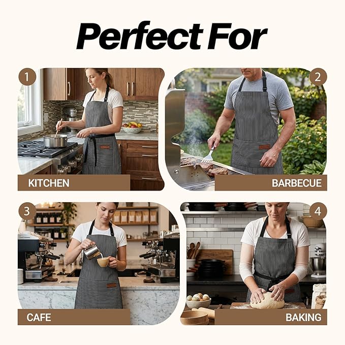2Pack Adjustable Kitchen Apron for Women Men with 2 Pockets，Cotton-Polyester Blend Bib Aprons for Cooking,Baking
