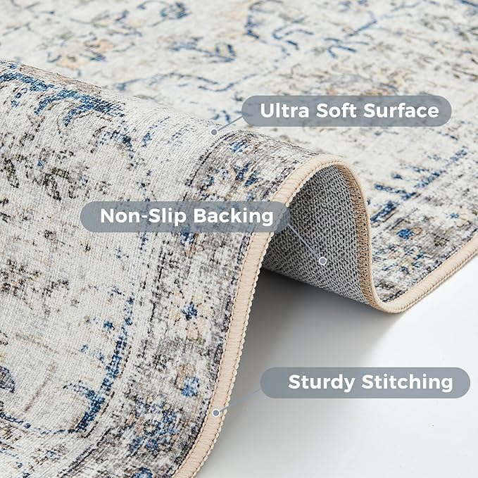 jinchan Kalen Round Rug 6ft Area Rug Washable Vintage Indoor Retro Floor Cover Distressed Floral 6' Round Circle Boho Non Slip Thin Carpet for Living Room Dining Room Bedroom Kitchen Blue