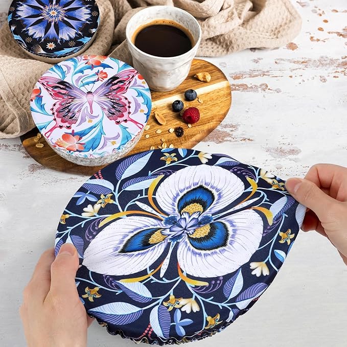 5 Pieces Bowl Covers Reusable, 5 Size Elastic Cloth Bowl Covers for Bread Proofing, Food Covers Washable for Food Fruits Leftover (Lotus Floral)