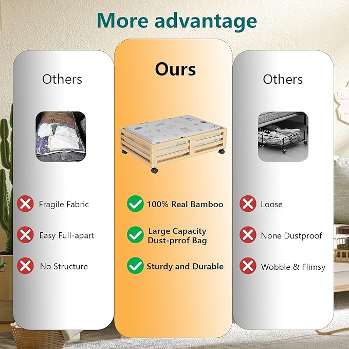 Bamboo Under Bed Storage Containers- Underbed Organizer with Wheels with Large Capacity Dust Bag,Sturdy Wood Rolling Under Bed Shoe Storage Organizer 2 Packs (Nature, 2 Packs (23.62"×16.54"))