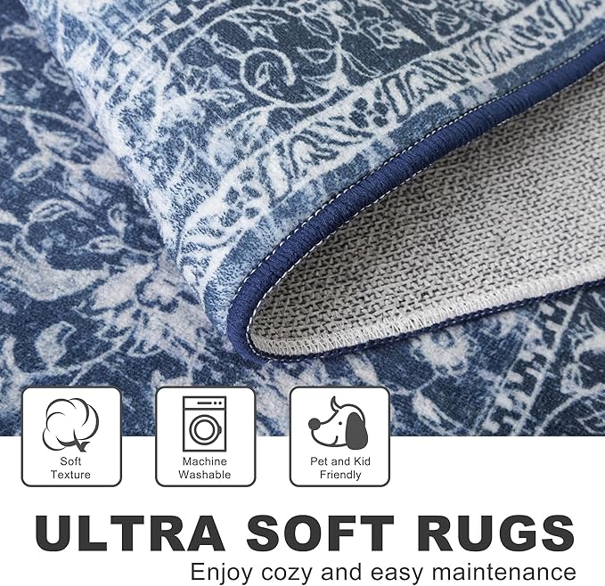 KILOCOCO Washable Rug 2x3 Rug for Entryway Printed Vintage Floral Soft Non-Slip Blue Kitchen Rugs Indoor Door Mat, Small Accent Throw Rugs for Laundry Room Bedroom Entrance