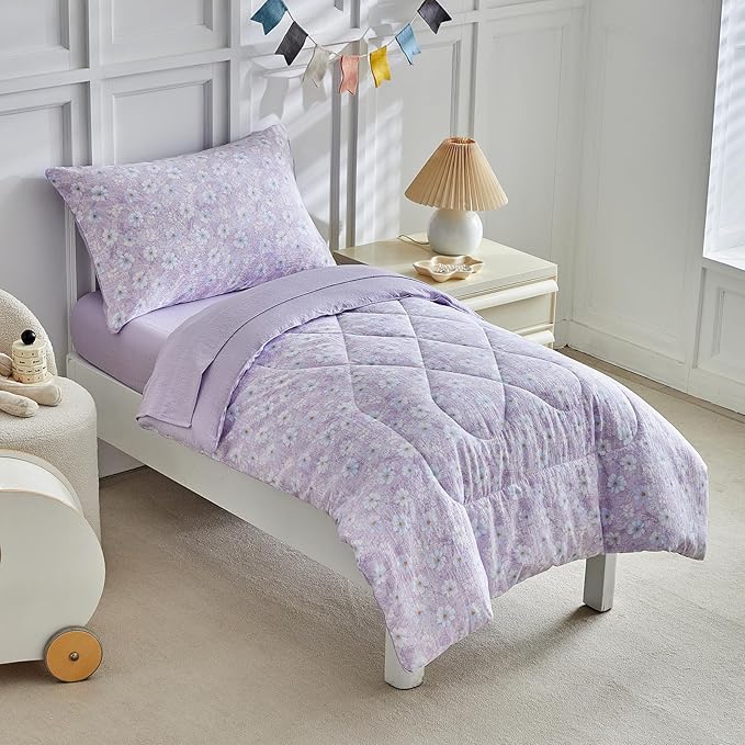 JHXHMX Floral Toddler Bedding Set for Girls,4 Piece Bed-in-a-Bag Toddler Comforter Set,Soft Crib Bed Set Including Comforter,Flat Sheet,Fitted Sheet and Pillowcase-Purple