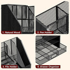 Homsorout Wooden Desk Organizer - Mesh File Organizer with Drawers and Pen Holder - 4-Tier Vertical Paper Letter Storage Tray, Desktop Organizers and Accessories for Home Office (Black