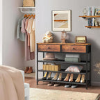 usikey Shoe Rack, 4 Tier Shoe Storage Organizer with 2 Drawers, Metal Shoe Shelf for 12-15 Pairs of Shoes, with 3 Oxford Fabric Shelves and Wooden Top, Shoe Stand for Entryway, Rustic Brown UNYXJX008F