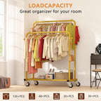 Laiensia Double Rods Garment Rack with Wheels, Clothing Rack for Hanging Clothes,4 Hooks, Multi-functional Bedroom Clothes Rack, Gold