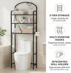 Over The Toilet Storage Rack - 3 Tier Bathroom Organizer with 4 Hooks & Paper Holder - Space Saving Metal Shelf for Bathroom - Black Toilet Storage